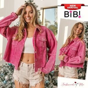 BiBi Vintage Washed Distressed Front Hem Relaxed Fit Corduroy Jacket | Fuchsia